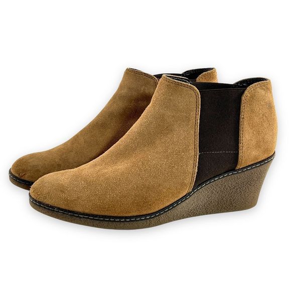 The FLEXX Chelsea Wedge Ankle Boots Size 10 Brown Tan Suede Heel Booties Comfort - Picture 2 of 12